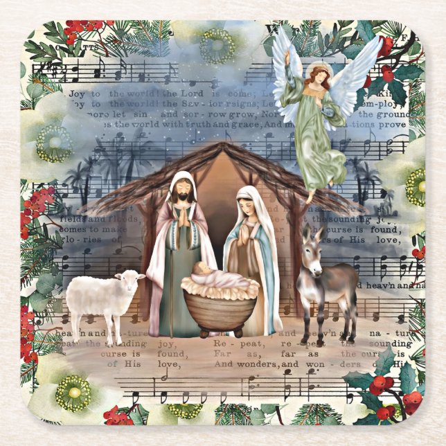 Nativity Scene, Joy to the World, Square Paper Coaster (Front)