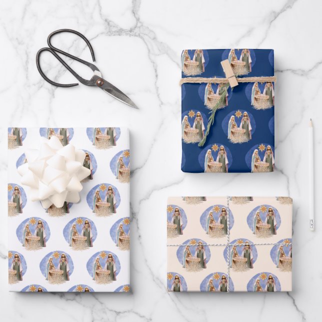Nativity Scene Mary Joseph Jesus Pattern Christmas Wrapping Paper Sheet (Front)