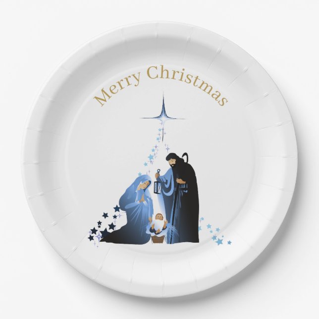 Nativity Scene Merry Christmas greetings Paper Plate (Front)