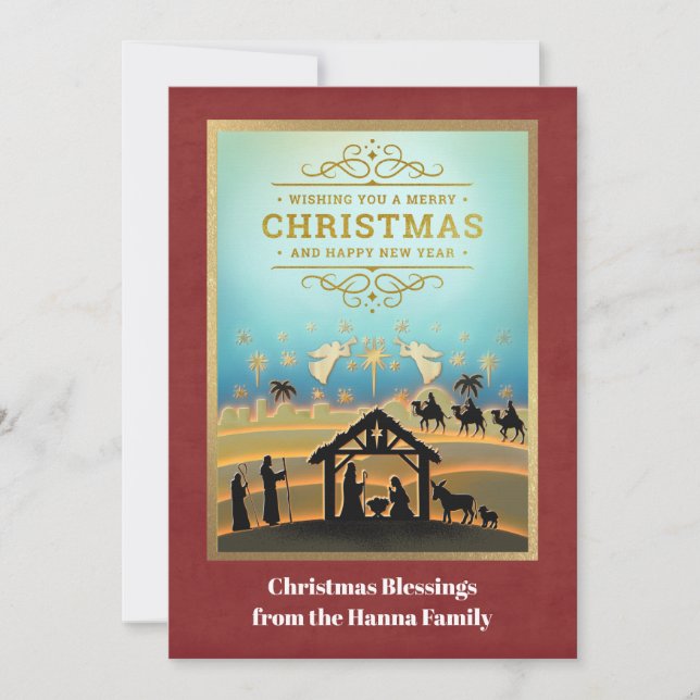 Nativity Scene "Merry Christmas & Happy New Year" Holiday Card (Front)