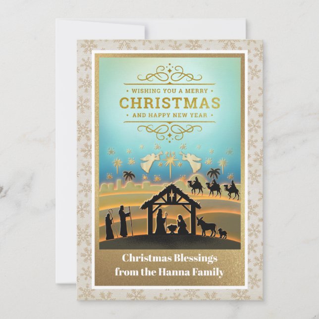 Nativity Scene "Merry Christmas & Happy New Year" Holiday Card (Front)