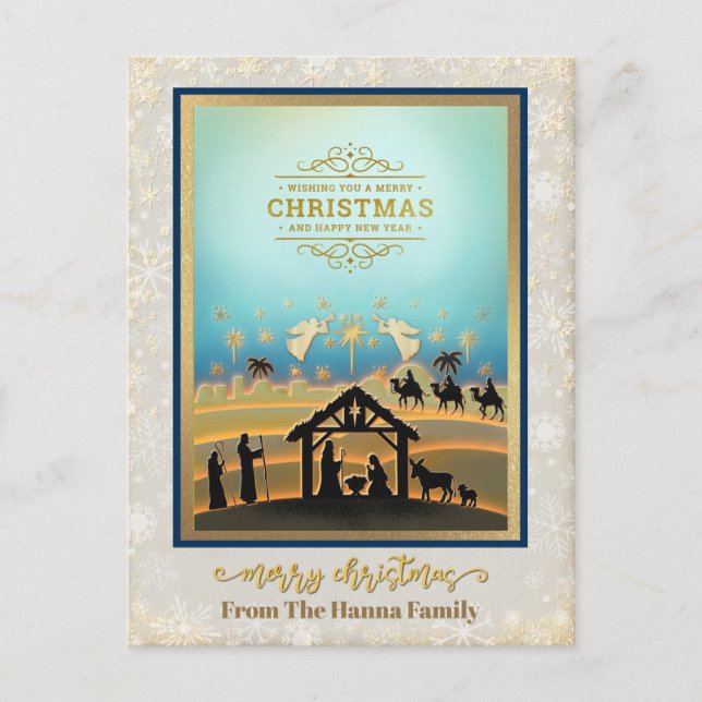 Nativity Scene "Merry Christmas & Happy New Year" Holiday Postcard (Front)