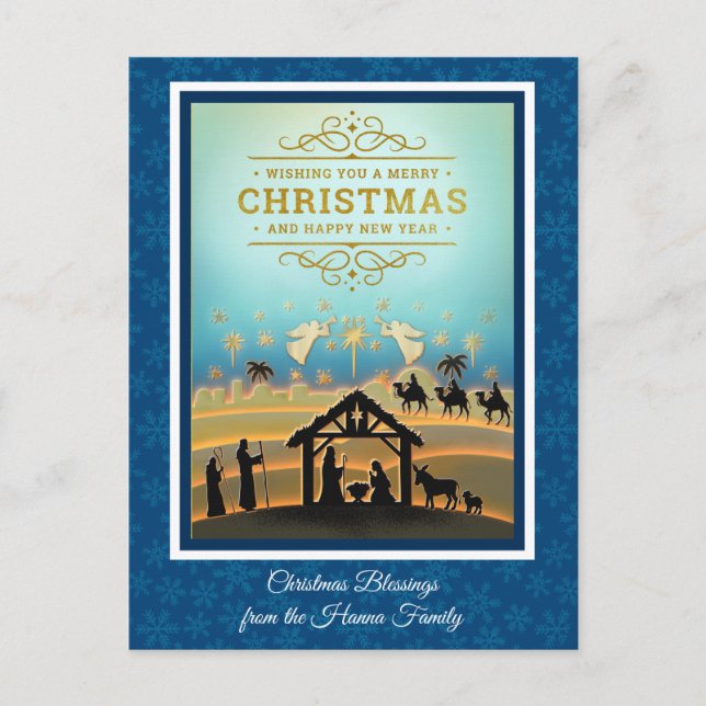 Nativity Scene "Merry Christmas & Happy New Year" Holiday Postcard (Front)