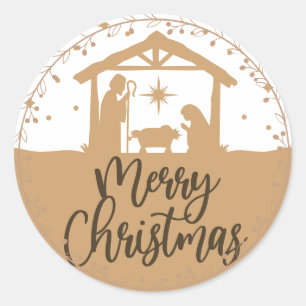 Nativity Scene Merry Christmas Round Sticker