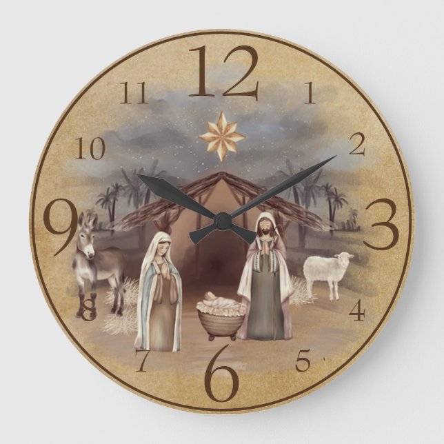 Nativity Scene on Brown Rustic Parchment Large Clock (Front)