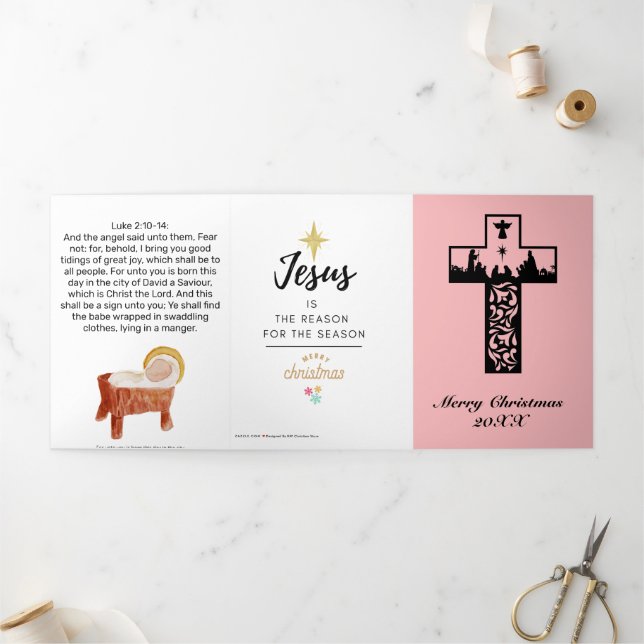 Nativity Scene Pink Cross Church Christmas Tri-Fold Holiday Card (Outside)