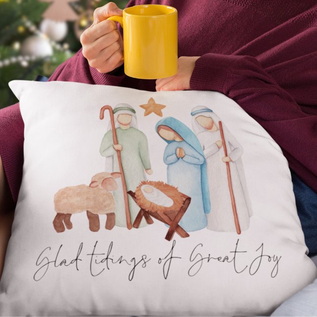 Nativity Scene Script Glad Tidings of Great Joy Cushion (Mary Joseph baby Jesus and Shepherd Glad Tidings Pillow. Same design both sides)