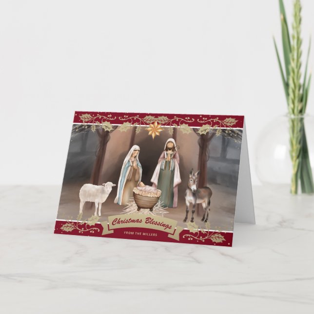 Nativity Scene Star of Bethlehem Red Holiday Card (Front)