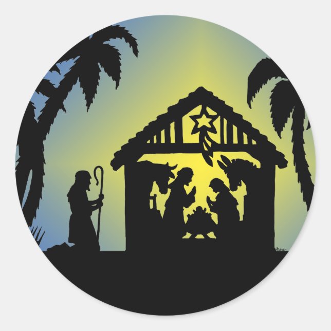 Nativity Silhouette Joy to the World Classic Round Sticker (Front)