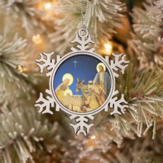 Nativity Snowflake Pewter Christmas Ornament