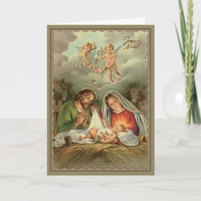 Nativity St. Joseph Virgin Mary Baby Jesus Angels Holiday Card (Front)