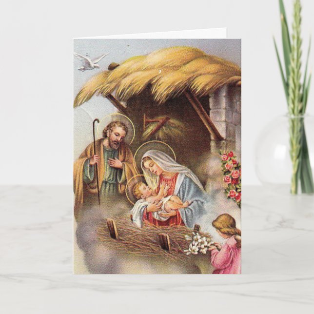 Nativity St. Joseph Virgin Mary Baby Jesus Angels Holiday Card (Front)