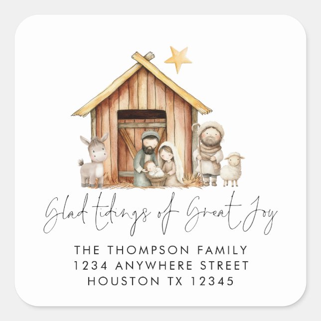 Nativity Stable Scene Carol Lyrics Return Address Square Sticker (Front)