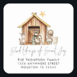 Nativity Stable Scene Carol Lyrics Return Address Square Sticker<br><div class="desc">Nativity Stable Scene Tidings Great Joy Carol lyrics return name and address. A beautiful simple Nativity Scene, with Mary, Joseph and baby Jesus in a manger, and a shepherd with his sheep and a line from the carol, Gla Tidings of Great Joy, is in an elegant set script on a...</div>