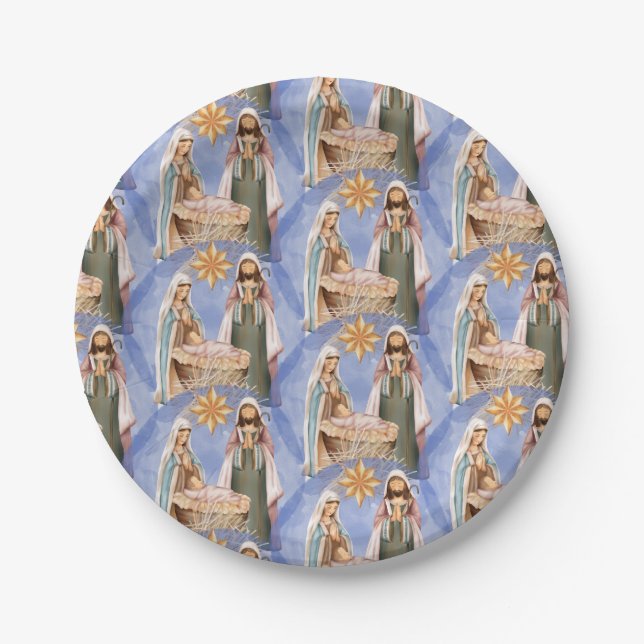 Nativity Stable Scene Pattern Holiday Paper Plate (Front)