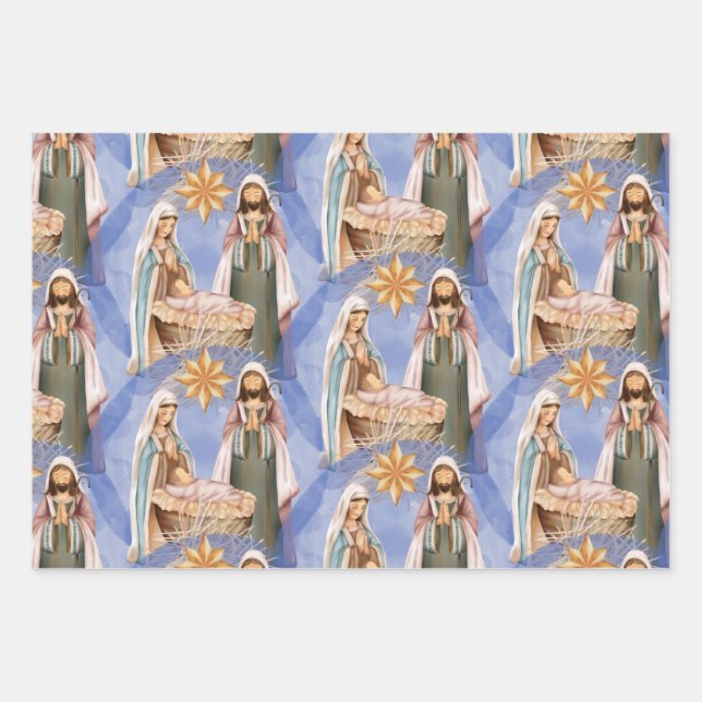 Nativity Stable Scene Pattern Holiday Wrapping Paper Sheet (Front)