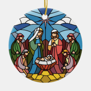 Nativity Stained Glass Art, Birth of Saviour Jesus Ceramic Tree Decoration