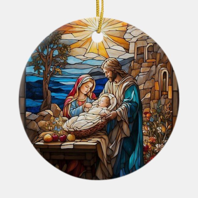 Nativity Stained Glass Art, Birth of Saviour Jesus Ceramic Tree Decoration (Front)