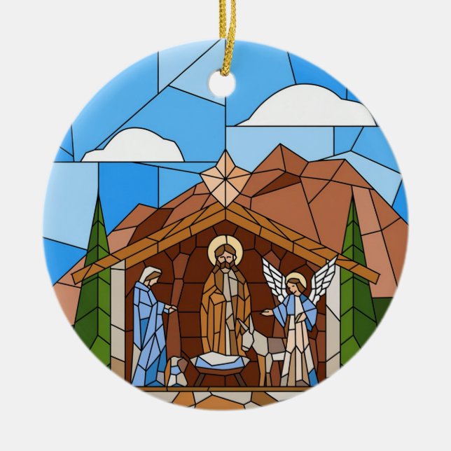 Nativity Stained Glass Art, Birth of Saviour Jesus Ceramic Tree Decoration (Front)