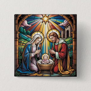 Nativity Stained Glass Art – Holy Family Christmas 15 Cm Square Badge