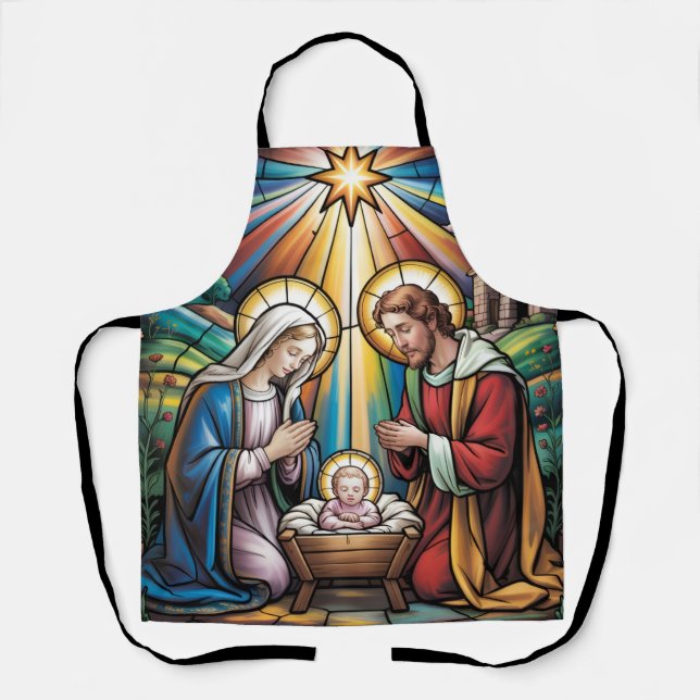 Nativity Stained Glass Art – Holy Family Christmas Apron (Front)