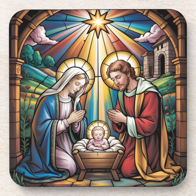 Nativity Stained Glass Art – Holy Family Christmas Coaster (Front)