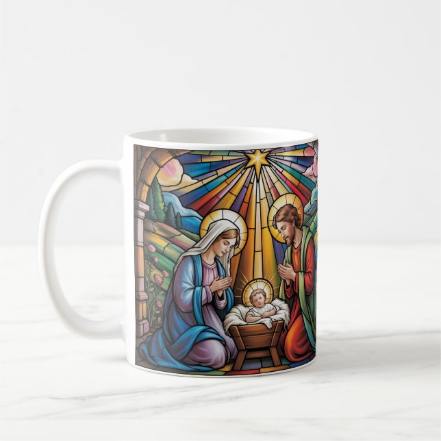 Nativity Stained Glass Art – Holy Family Christmas Coffee Mug (Left)