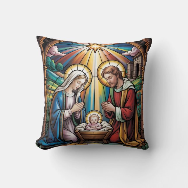 Nativity Stained Glass Art – Holy Family Christmas Cushion (Front)
