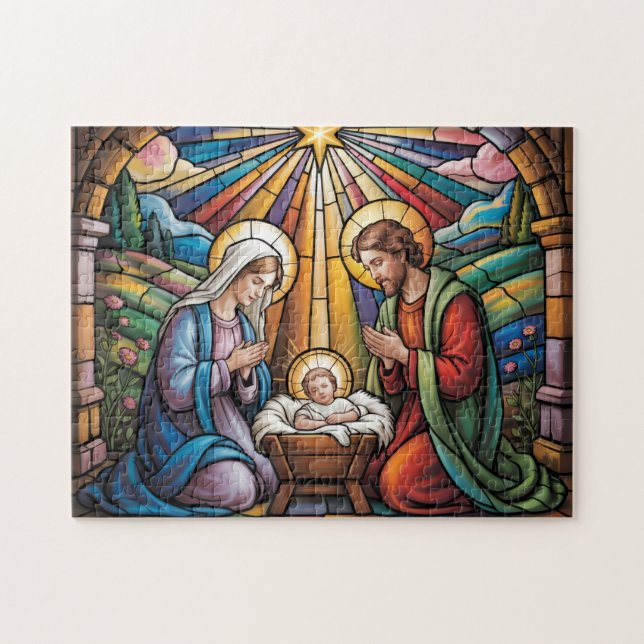 Nativity Stained Glass Art – Holy Family Christmas Jigsaw Puzzle (Horizontal)