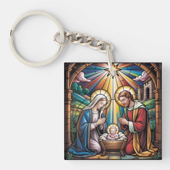 Nativity Stained Glass Art – Holy Family Christmas Key Ring (Front)