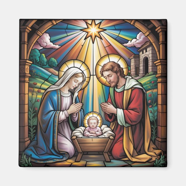 Nativity Stained Glass Art – Holy Family Christmas Magnet (Front)