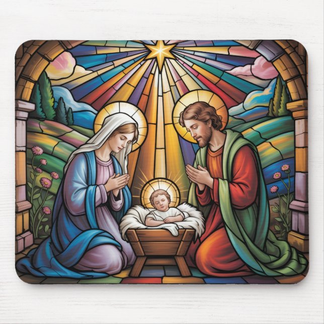 Nativity Stained Glass Art – Holy Family Christmas Mouse Mat (Front)