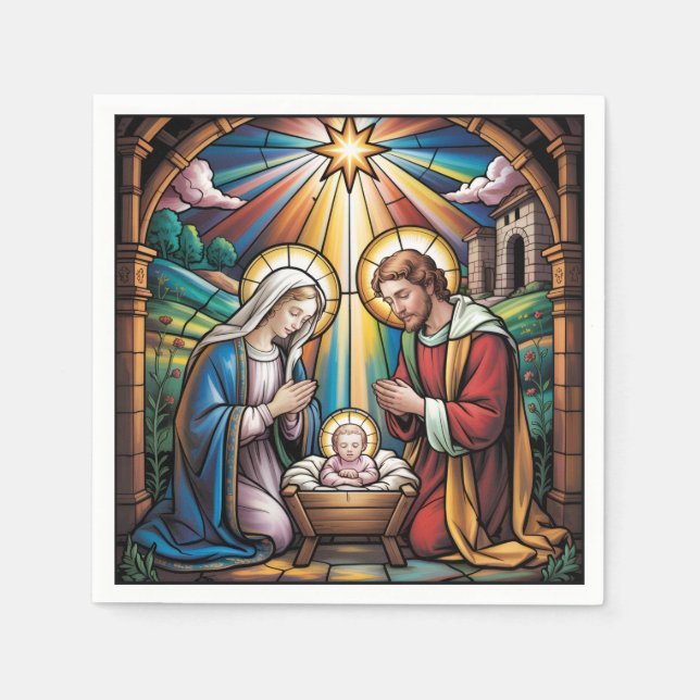 Nativity Stained Glass Art – Holy Family Christmas Napkin (Front)
