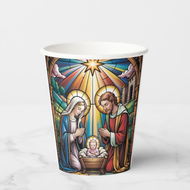 Nativity Stained Glass Art – Holy Family Christmas Paper Cups (Front)