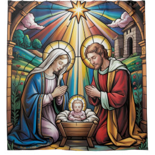 Nativity Stained Glass Art – Holy Family Christmas Shower Curtain