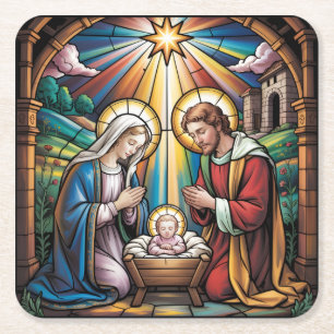 Nativity Stained Glass Art – Holy Family Christmas Square Paper Coaster