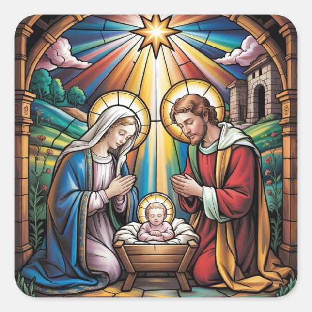 Nativity Stained Glass Art – Holy Family Christmas Square Sticker (Front)