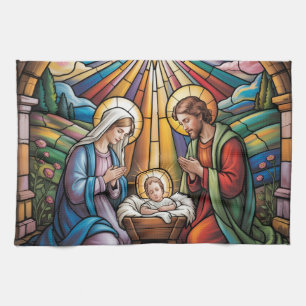 Nativity Stained Glass Art – Holy Family Christmas Tea Towel