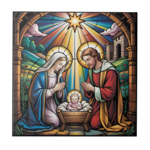 Nativity Stained Glass Art – Holy Family Christmas Tile