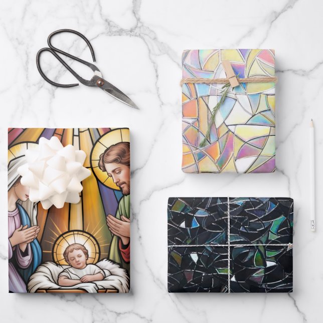 Nativity Stained Glass Art – Holy Family Christmas Wrapping Paper Sheet (Front)