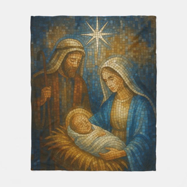 Nativity Stained Glass Mosaic | Holy Family  Fleece Blanket (Front)