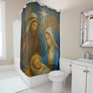 Nativity Stained Glass Mosaic Holy Family Shower Curtain