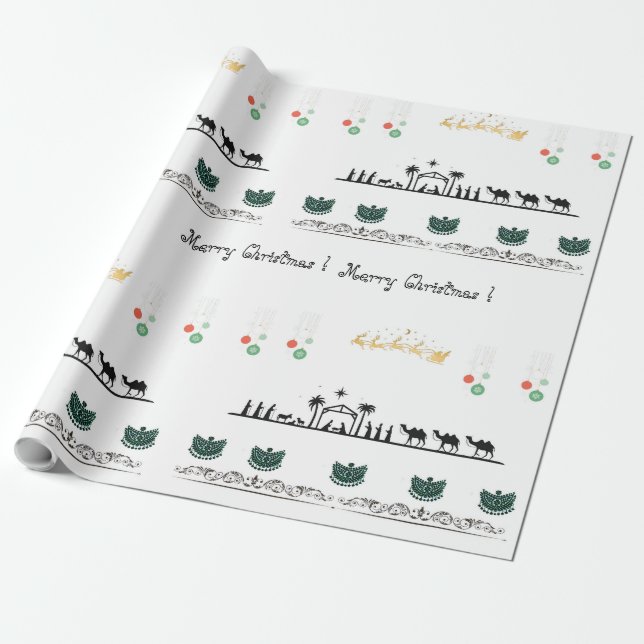 Nativity theme , red, gold, green baroque wrapping paper (Unrolled)