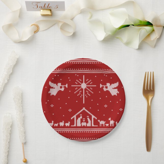 Nativity Ugly Christmas Sweater Christian Jesus  Paper Plate (Wedding)