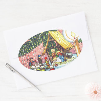 Nativity Under the Christmas Tree Oval Sticker