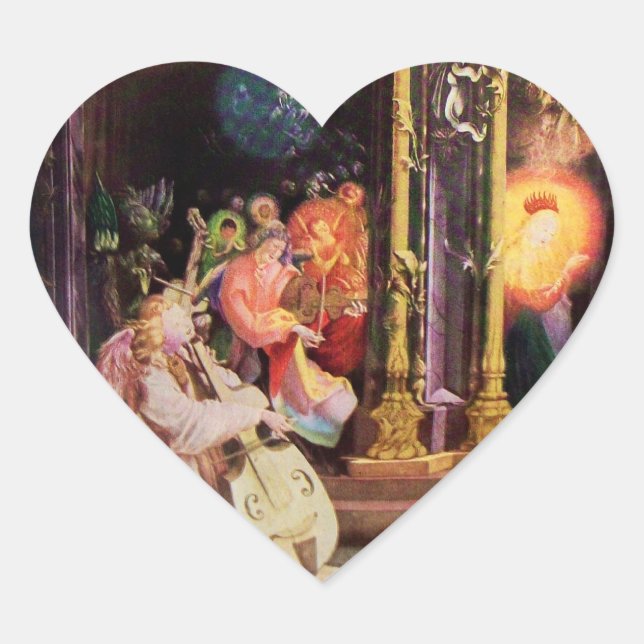 NATIVITY WITH MUSICAL ANGELS - CHRISTMAS HEART HEART STICKER (Front)