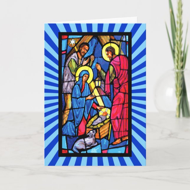 Nativity Zoom Stained Glass Christmas Holiday Card (Front)