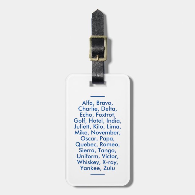 "NATO" phonetic alphabet, Alfa to Zulu Luggage Tag (Front Vertical)