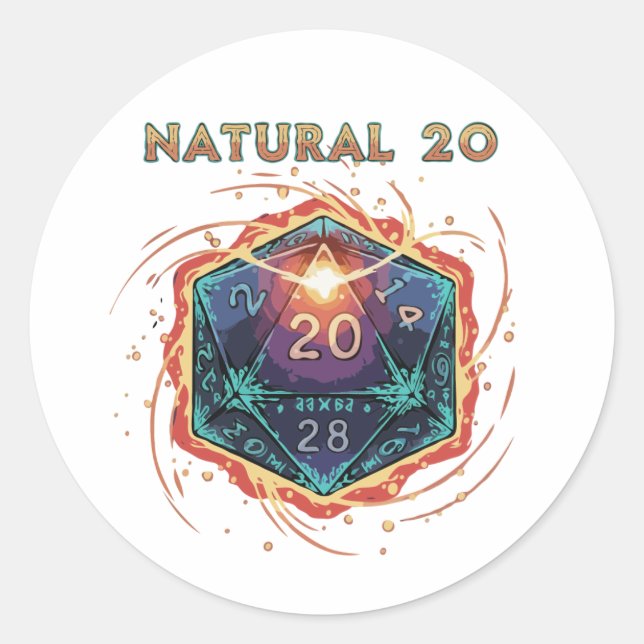 Natural 20 Flaming D20 Dice | Epic D&D Critical   Classic Round Sticker (Front)