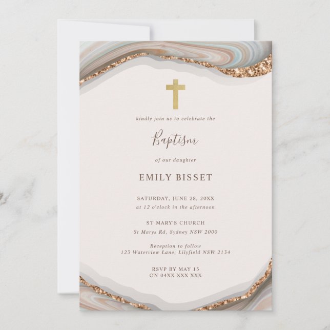 Natural Agate Marble Baptism Invitation (Front)